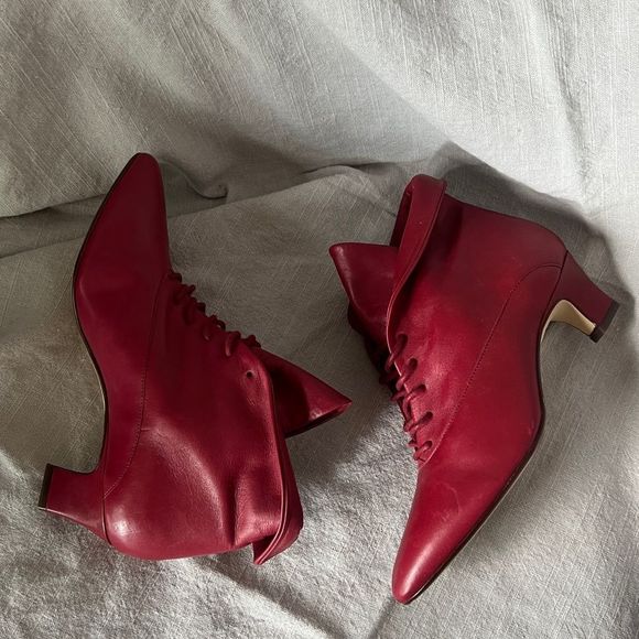 Nine west red leather booties victorian pointed toe lace up pirate witch 6.5 / 7 - Picture 7 of 9
